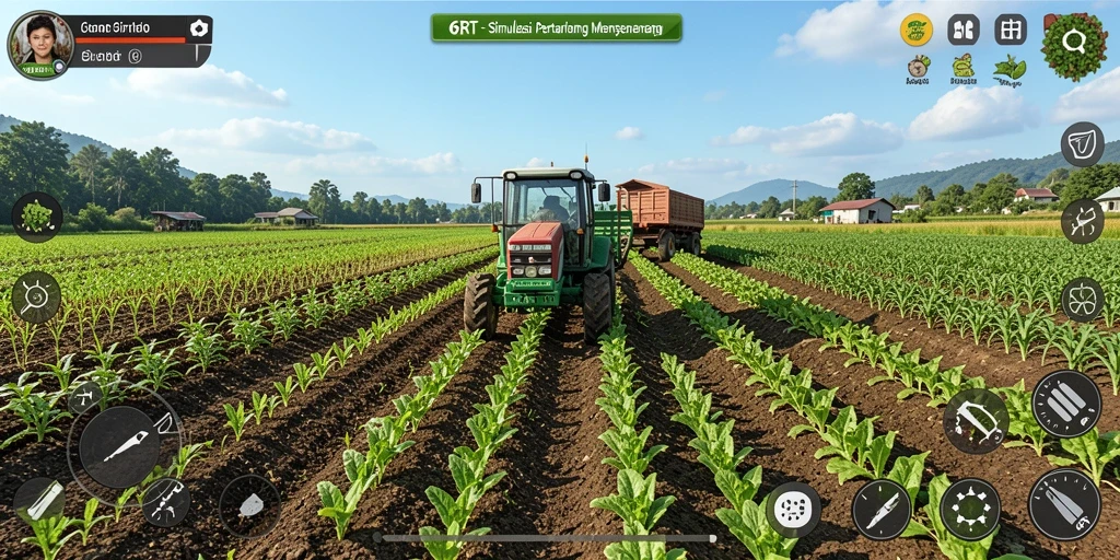 Screenshot 6RT menampilkan ladang yang subur dengan tanaman hijau.
