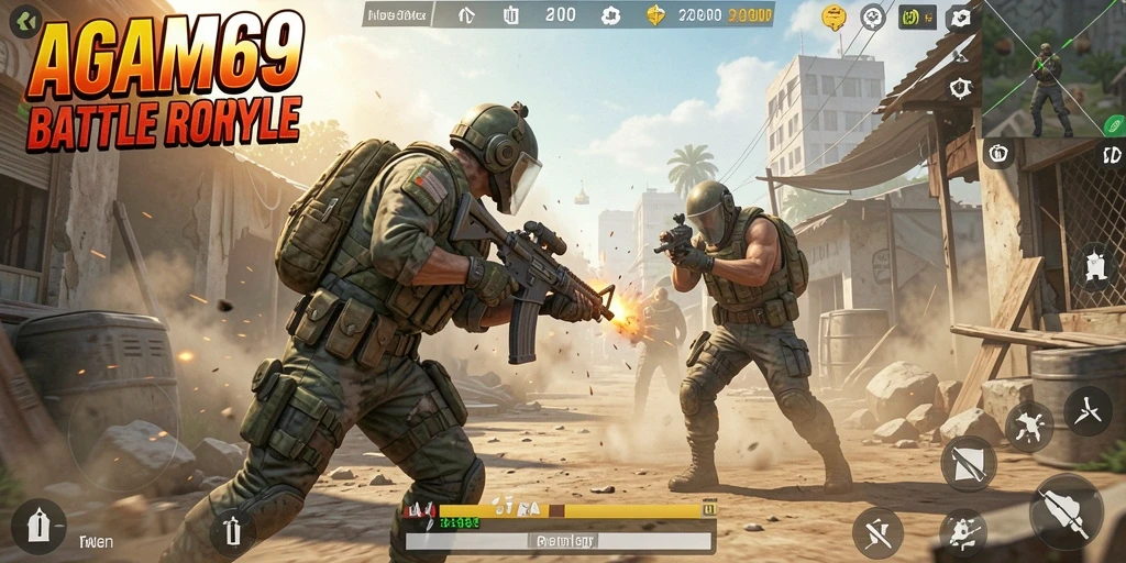 Tampilan penuh aksi dari gameplay AGAM69 di arena Battle Royale.