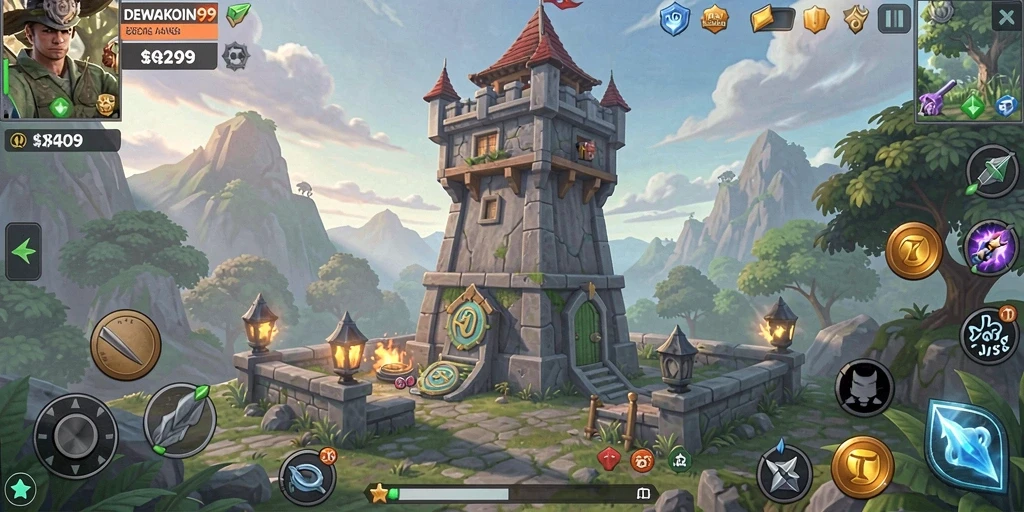 Visual gameplay DEWAKOIN99 menampilkan aksi menara bertahan yang seru.