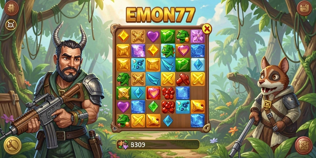 Screenshot gameplay EMON77 menampilkan keseruan mencocokkan permata.