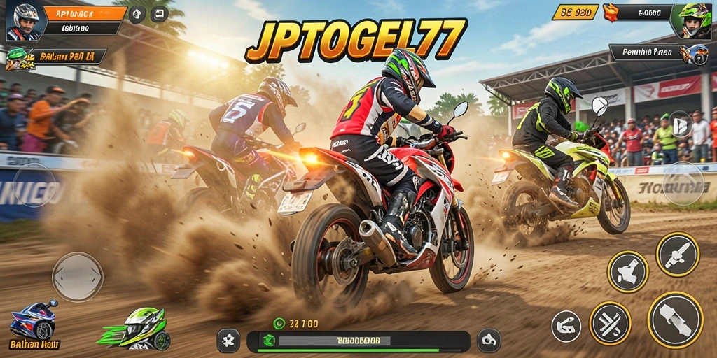 Tampilan gameplay mendebarkan dari JPTOGEL77 saat balapan motor.